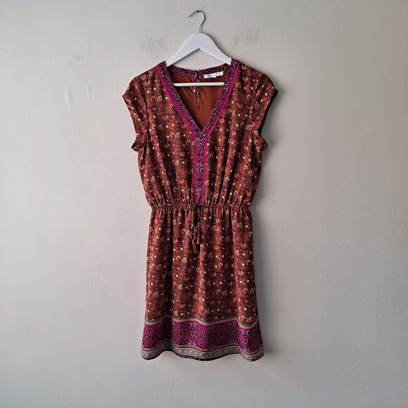 DR2 Dark Cinnamon Vneck Cap Sleeve Elastic Waist Border Print Floral Dress - S - Picture 3 of 13